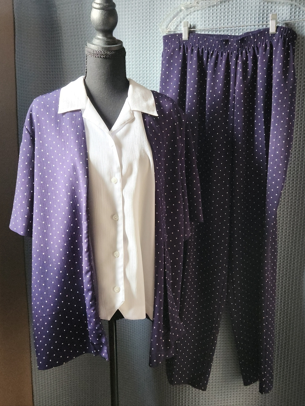 Allison Daley Navy W/ Purple Undertones Polka Dot Blouse & Pants Set - Size 16
